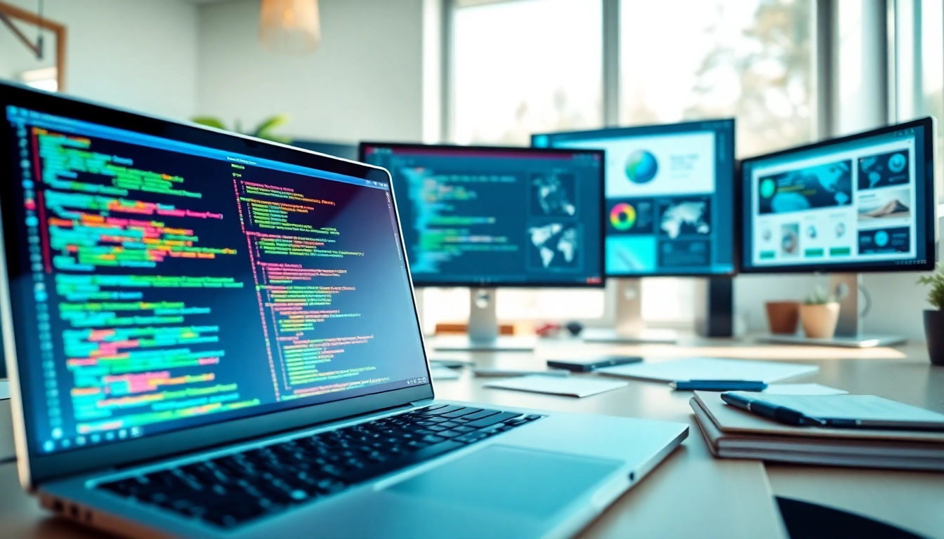 Engaging web development workspace with coding software and design elements.