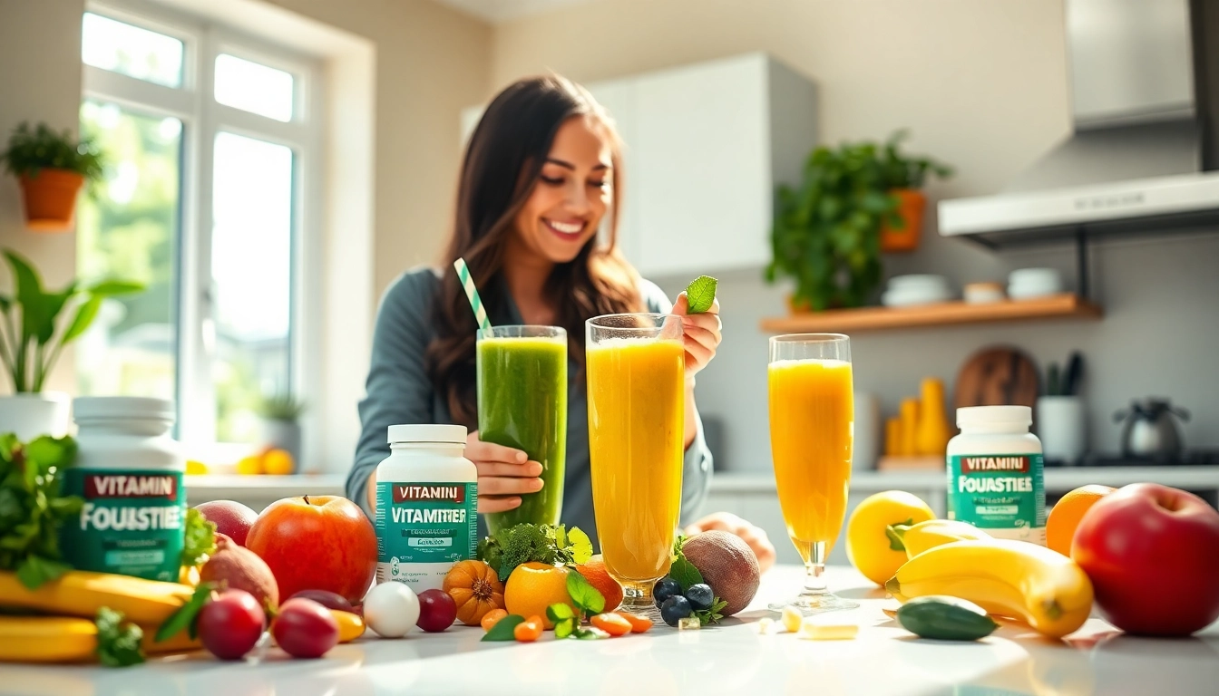 Health enthusiast preparing smoothies with various Vitamin Boosters in a bright kitchen.