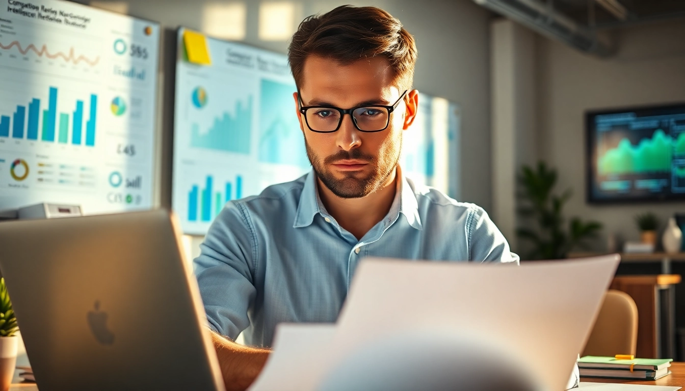 Analyze competitive intelligence strategies using data analytics in a professional workspace.