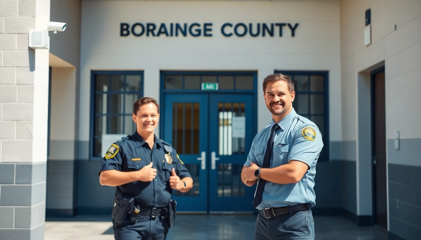 Search for whos in jail oc with a friendly officer assisting an individual at the jail entrance.