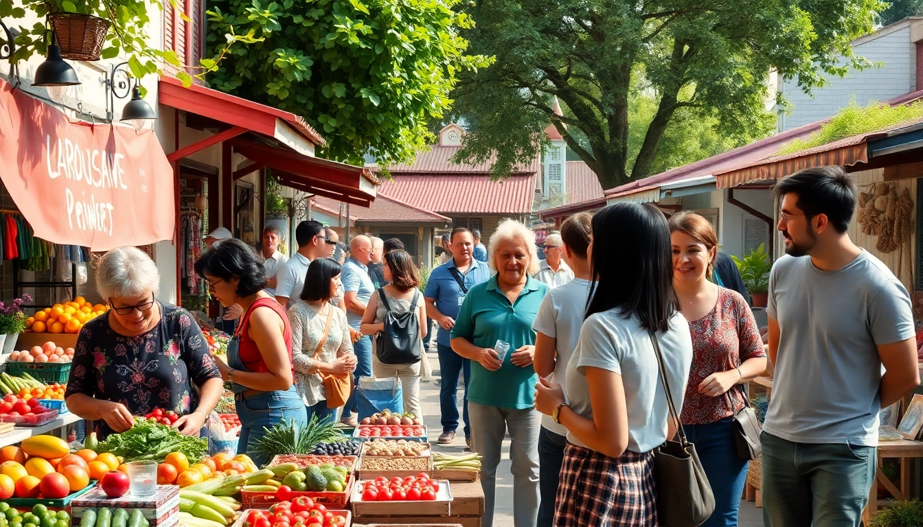 Locals enjoying a vibrant community atmosphere at a local marketplace.