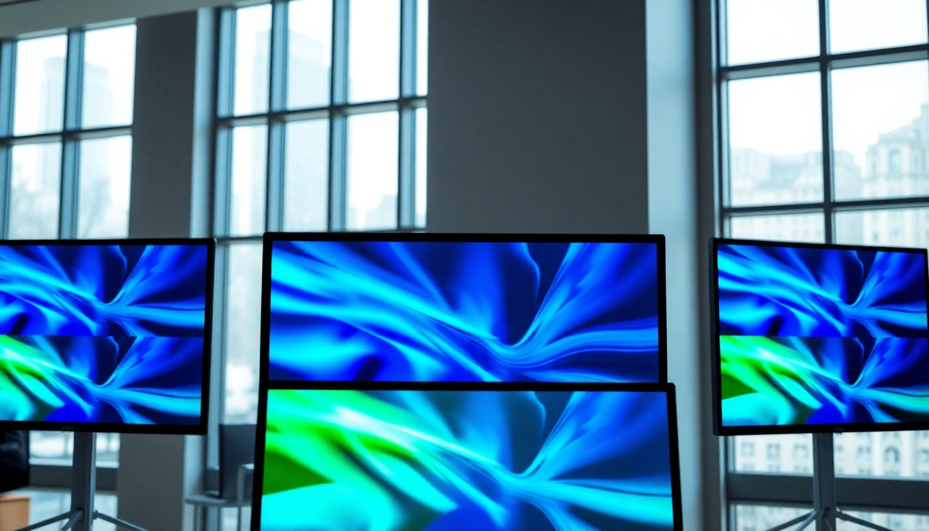Engaging digital signage displays in a modern office, showcasing vibrant content.