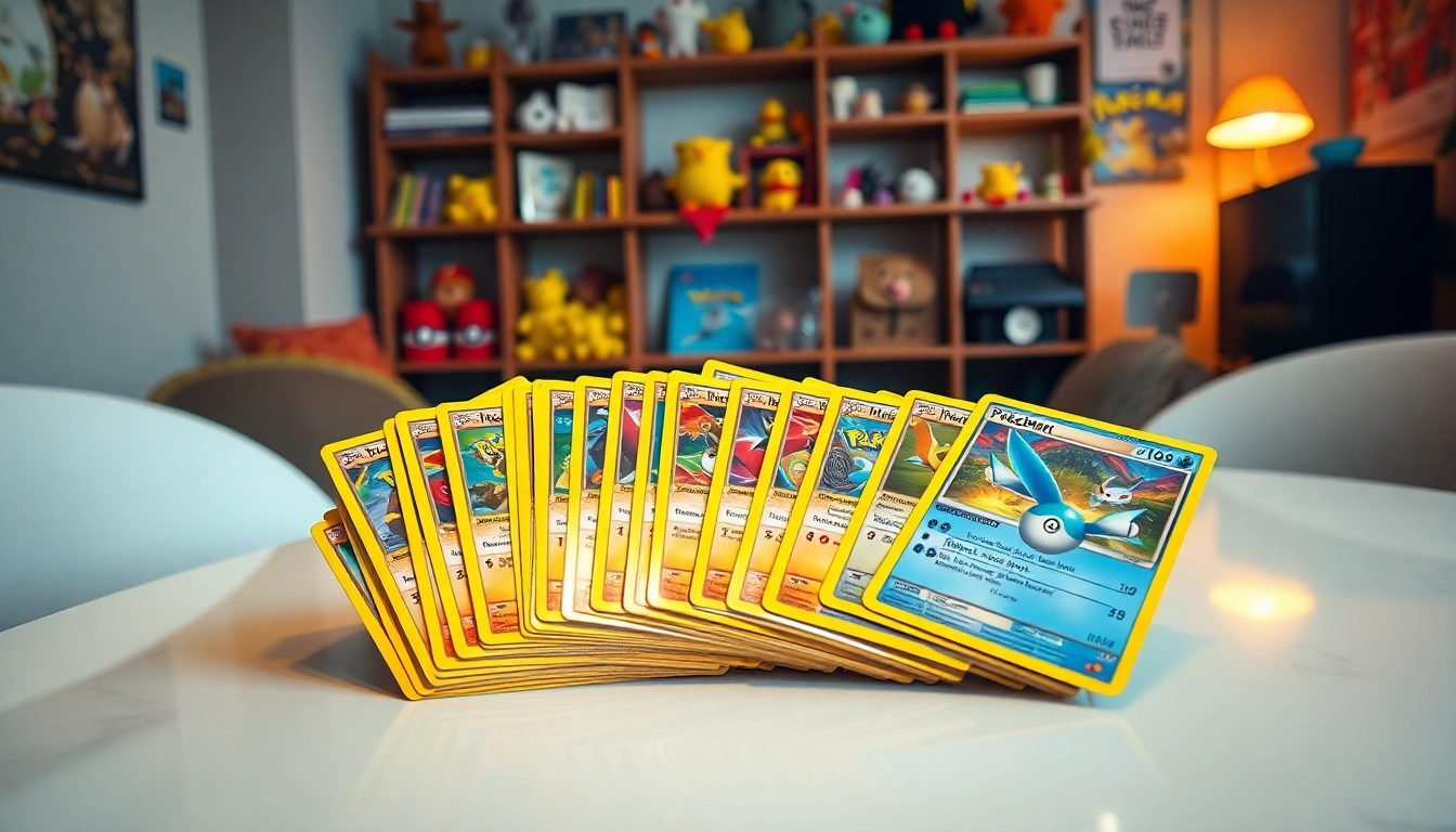 Showcase of real pokemon cards beautifully arranged with vibrant colors and lighting.