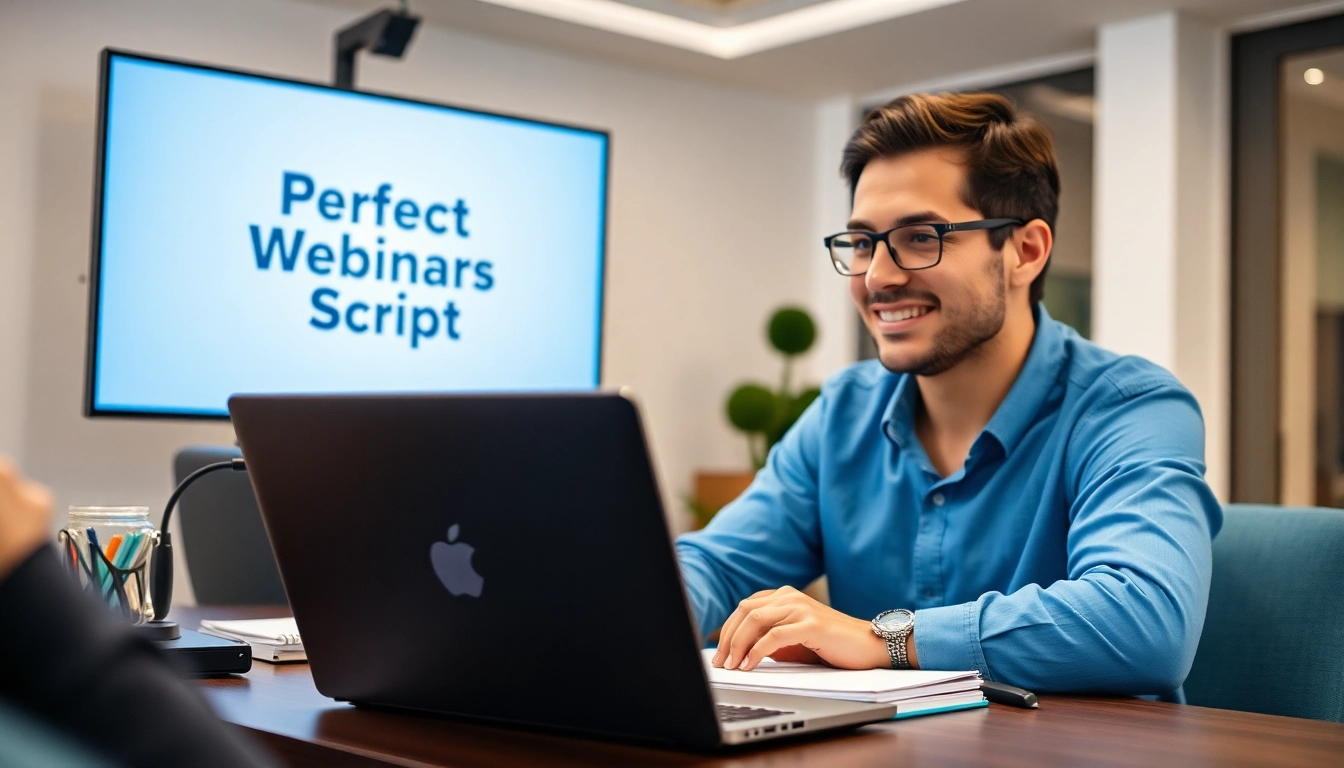 Engaging presenter in a webinar using the Perfect Webinar Script with high-quality slides in a professional setting.