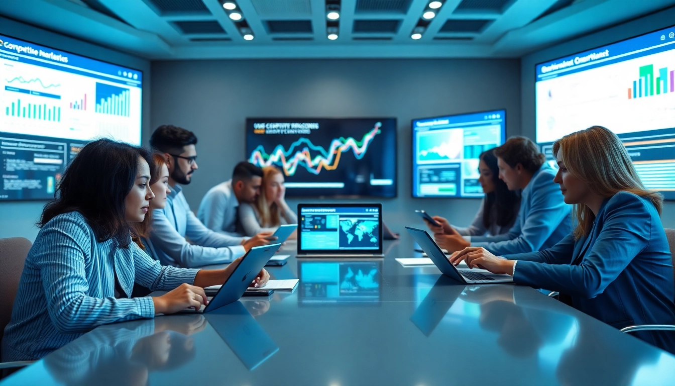 Engaged professionals using ai prompts for competitive intelligence in a modern meeting.