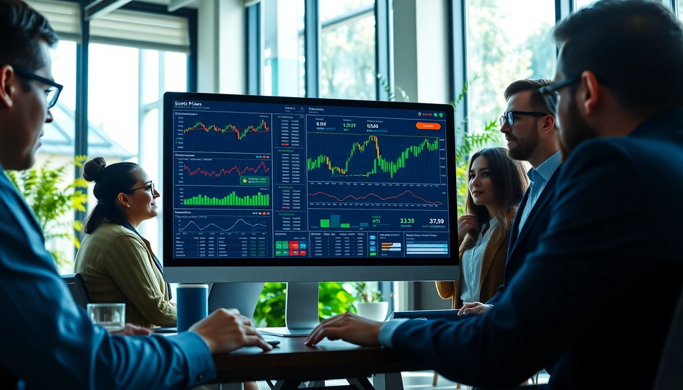 Investors using an ai stock picker in a collaborative professional setting with graphs and data.