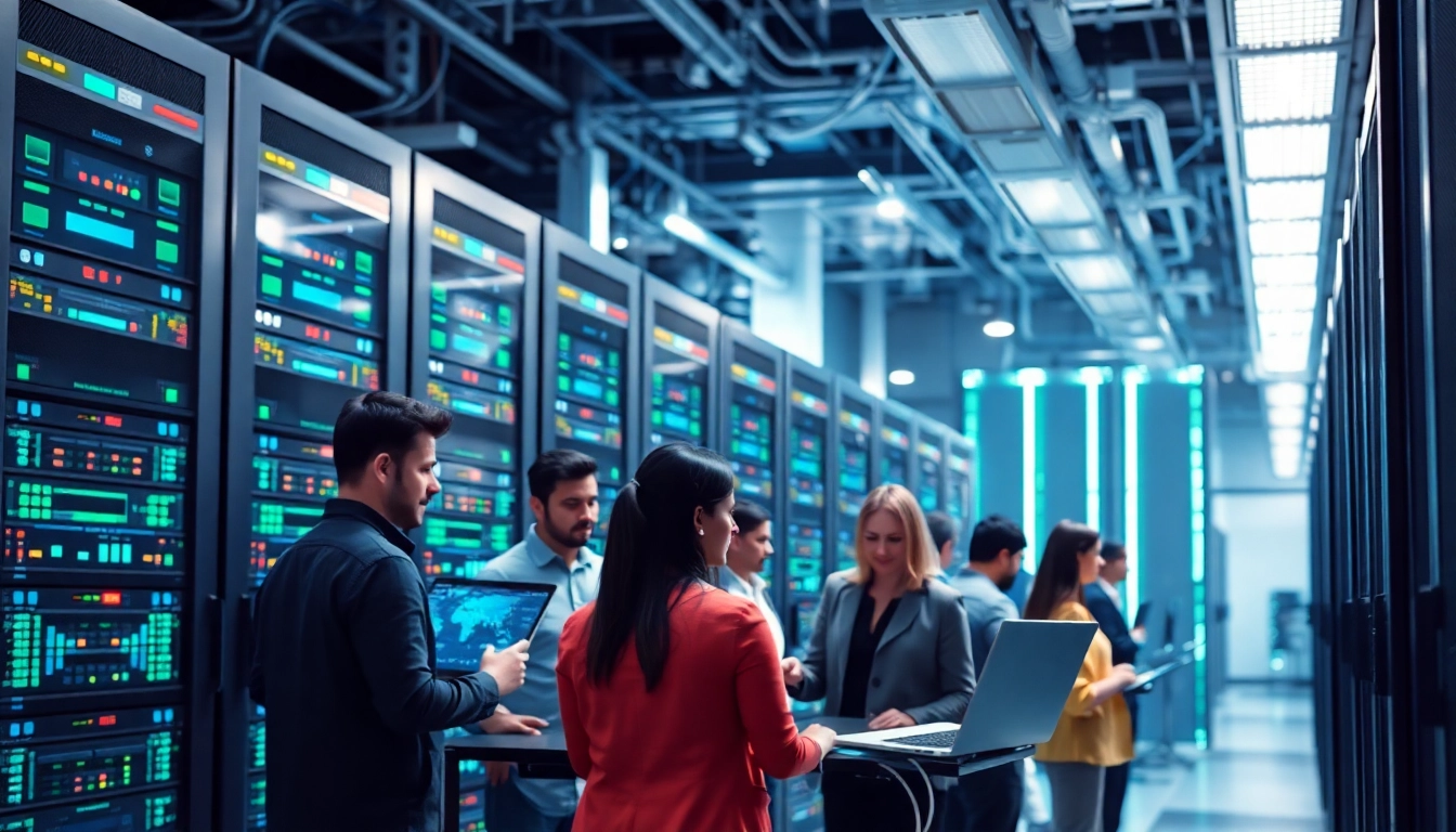 Showcasing cloud infrastructure and DevOps services with IT professionals collaborating in a modern data center.