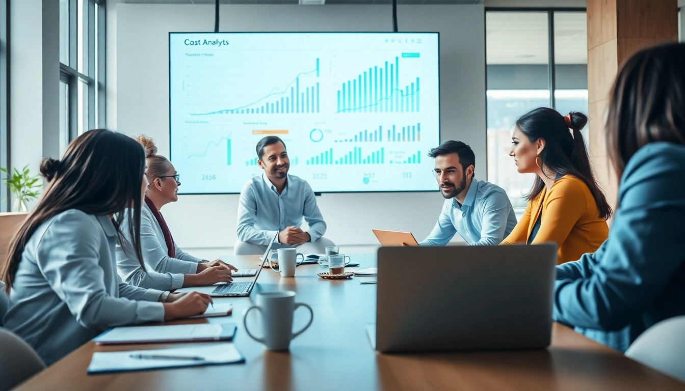 Professionals engaging in competitive intelligence strategy session in a modern office