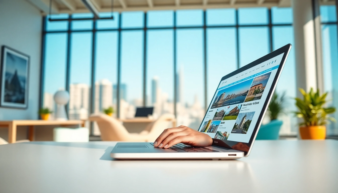 Showcasing international real estate websites with a real estate agent in a modern office