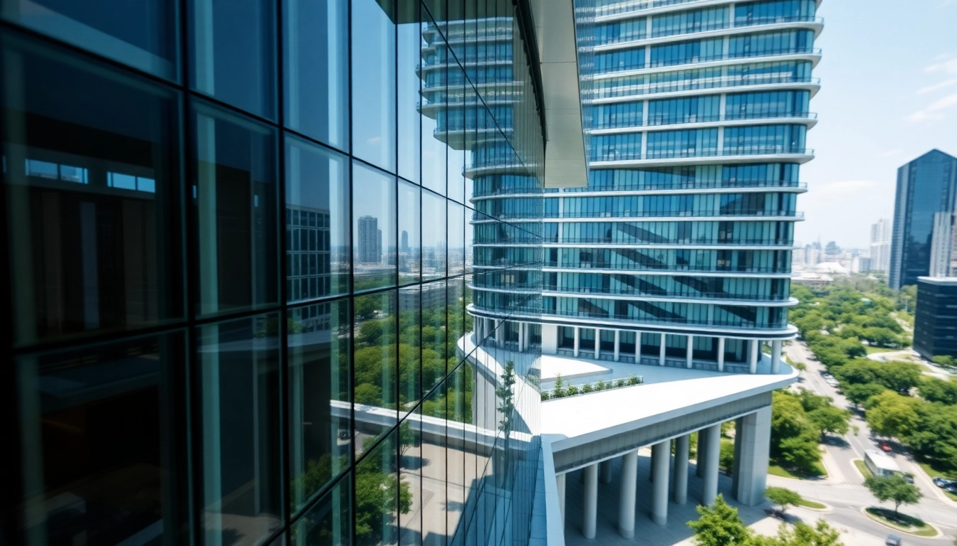 Architekturvisualisierung eines modernen Gebäudes in urbaner Umgebung mit lebendigen Details.