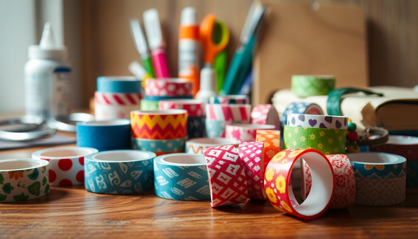 Creative washi tape rolls displayed on a table showcasing colorful designs and patterns.