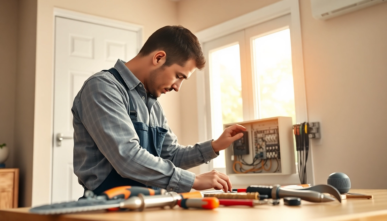 Electrical Service technician expertly installing a residential electrical panel in a warm home environment.