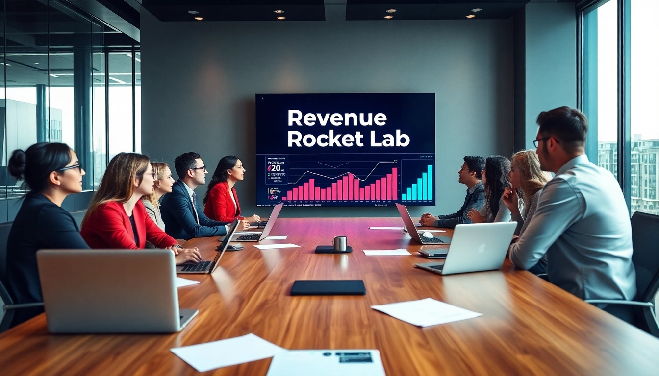 Analysts exploring Revenue Rocket Lab financial strategies in a modern conference setting.
