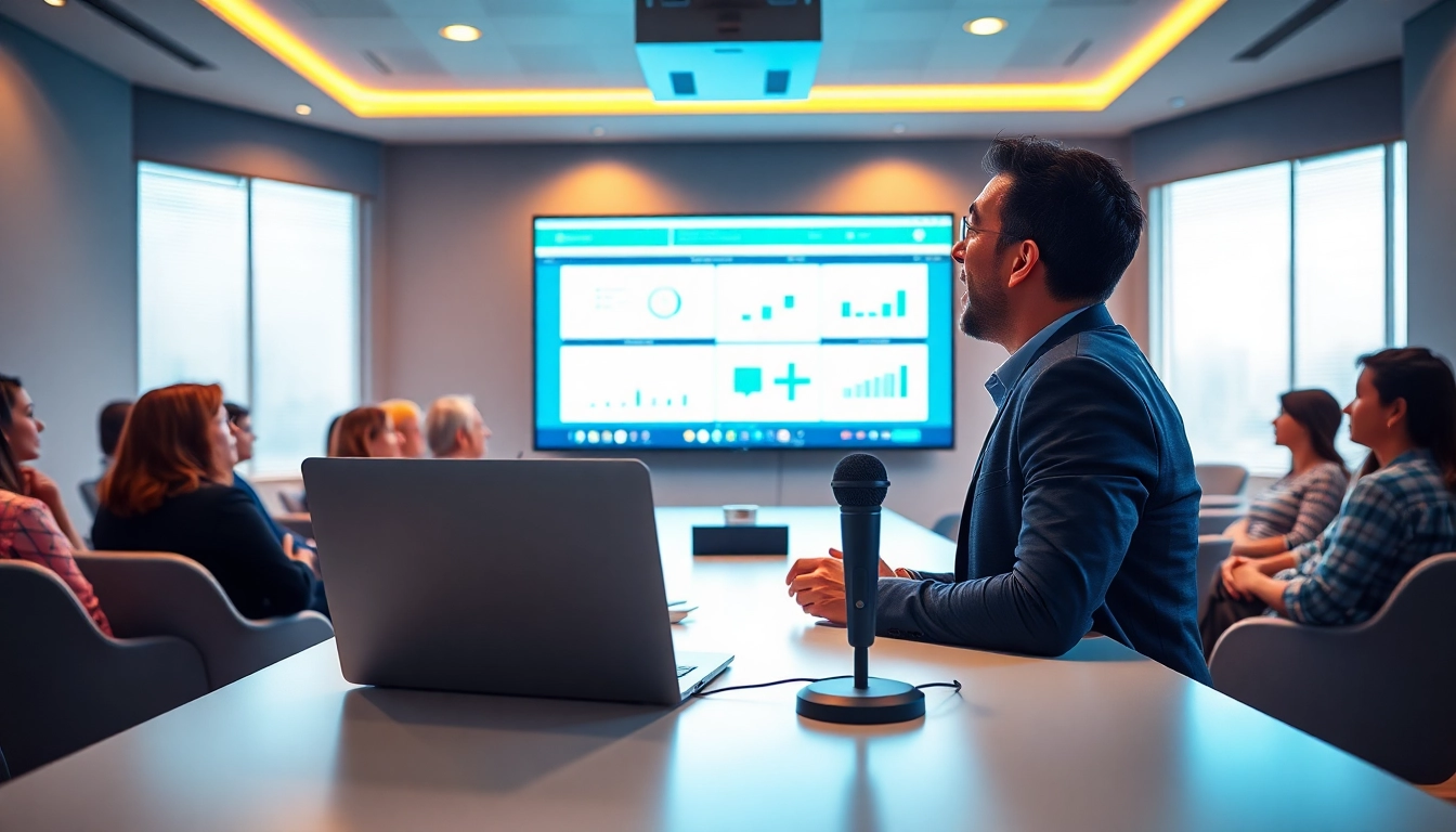 Engaging presenter delivering a Perfect Webinar Script to an audience in a modern virtual setting.