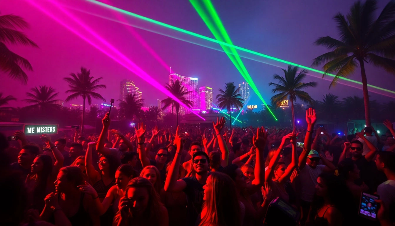 Celebrate the vibrant energy of a miami rave with neon lights and dancing crowds.