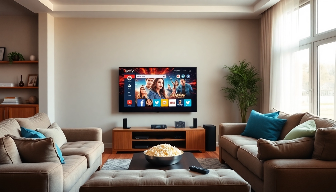 Comprar Listas IPTV con una interfaz vibrante en un televisor moderno en un salón acogedor.