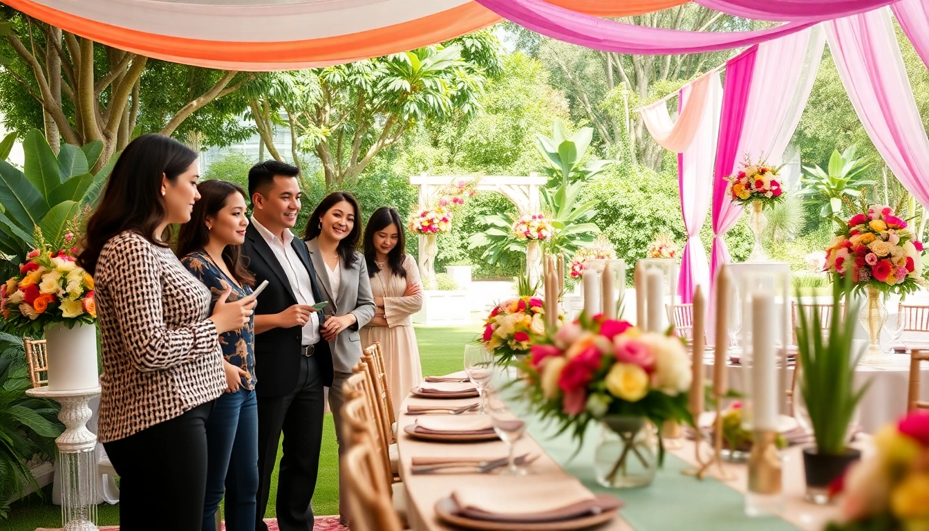 Event planners Singapore coordinating a vibrant wedding setup outdoors with elegant decor.