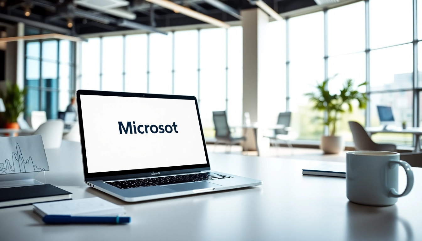 Microsoft bleibt im Fokus, während ein moderner Arbeitsplatz mit Laptop und Büromaterialien gezeigt wird.