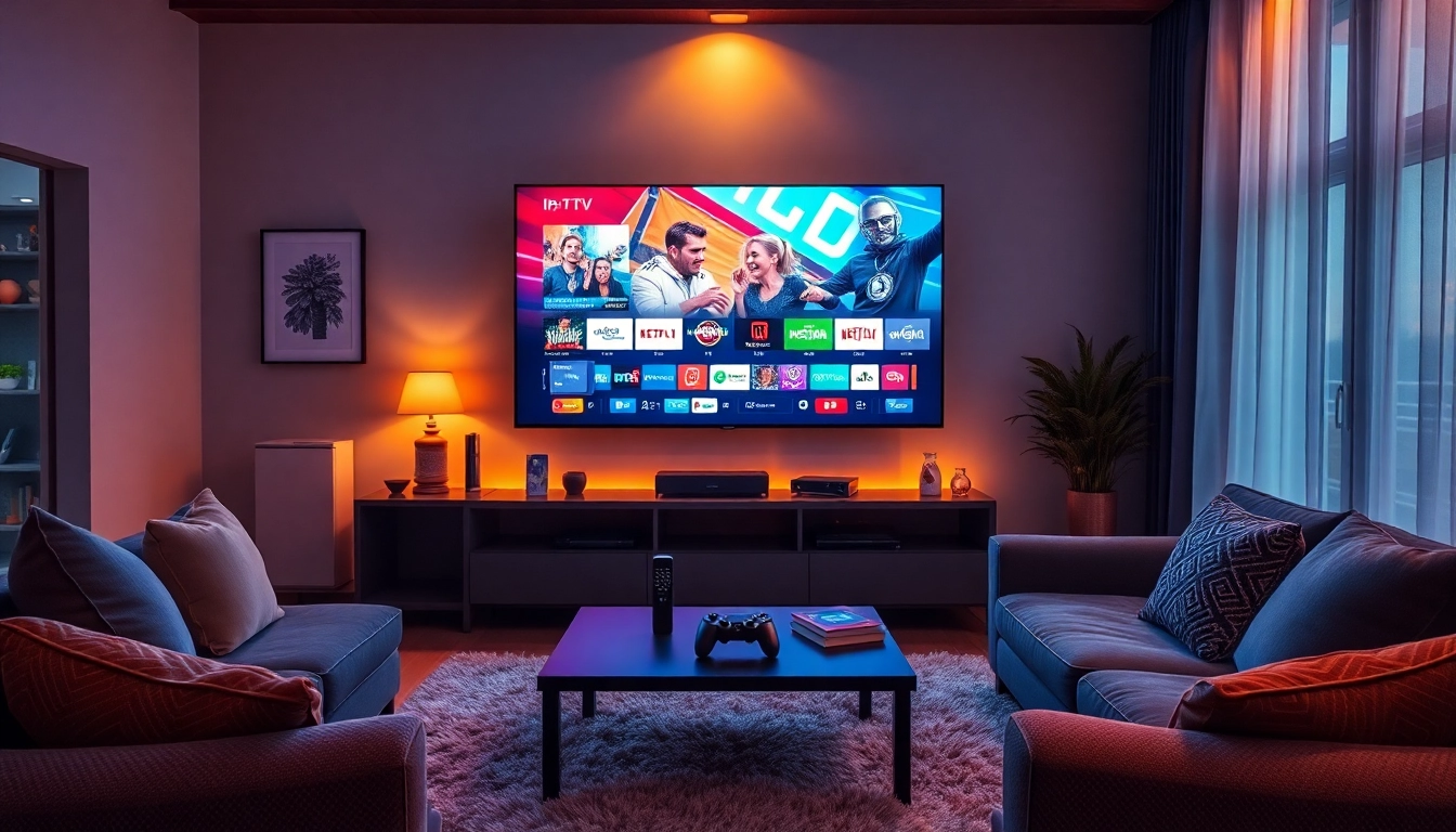 Activer le code IPTV dans un salon moderne avec un grand écran et une ambiance chaleureuse.