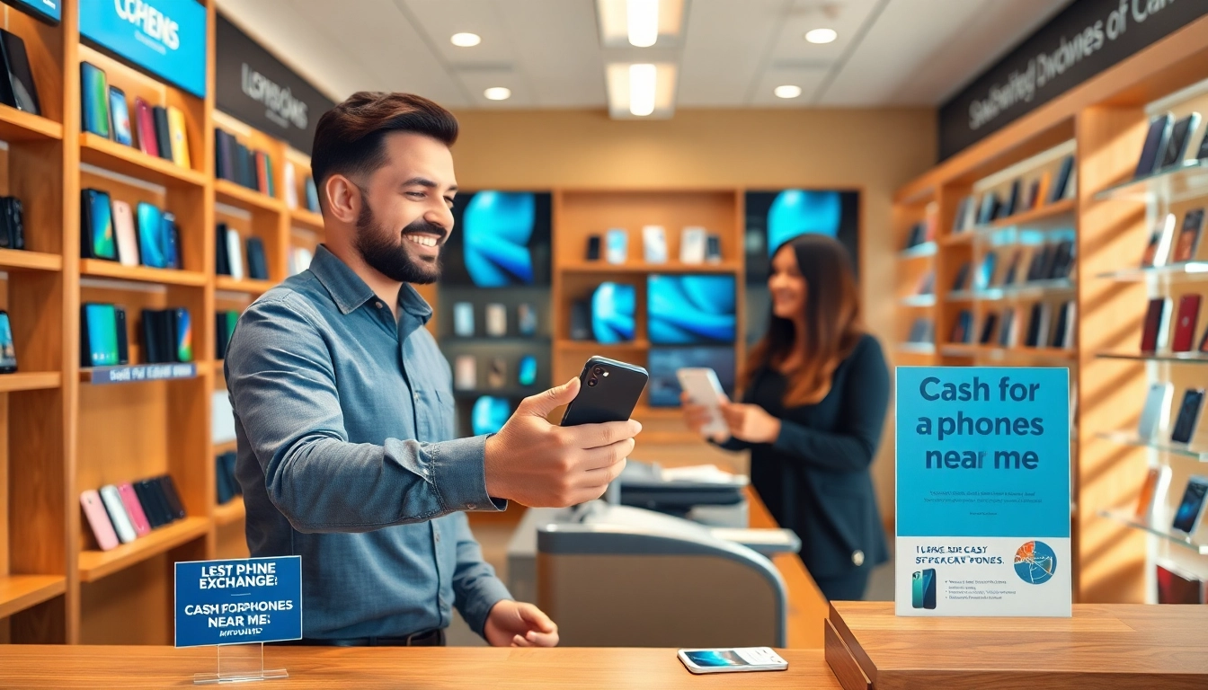 Exchange of smartphones highlighting cash for phones near me service in a welcoming retail setup.