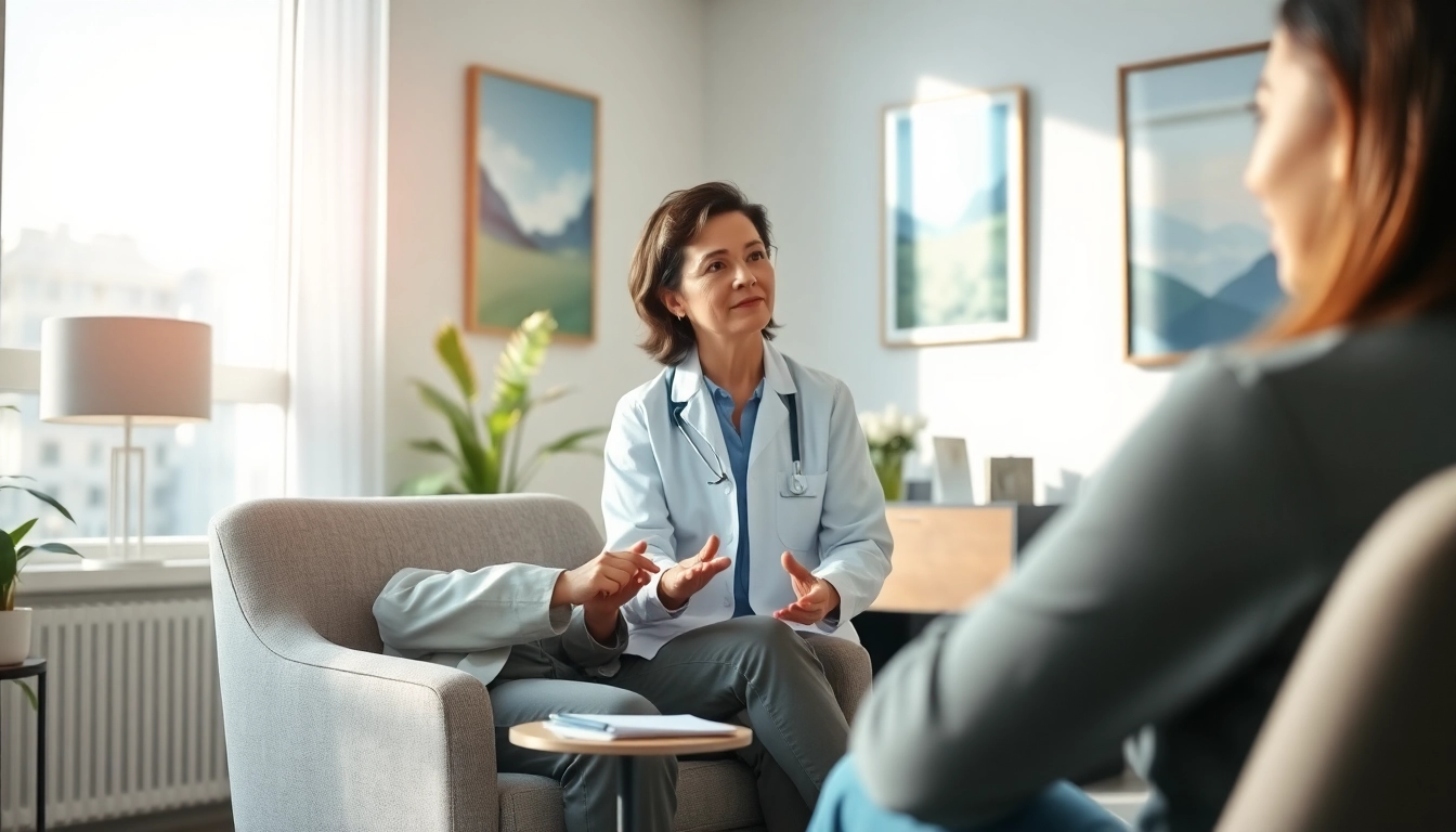 Psychiatrist consulting with a patient in a warm, inviting office setting.